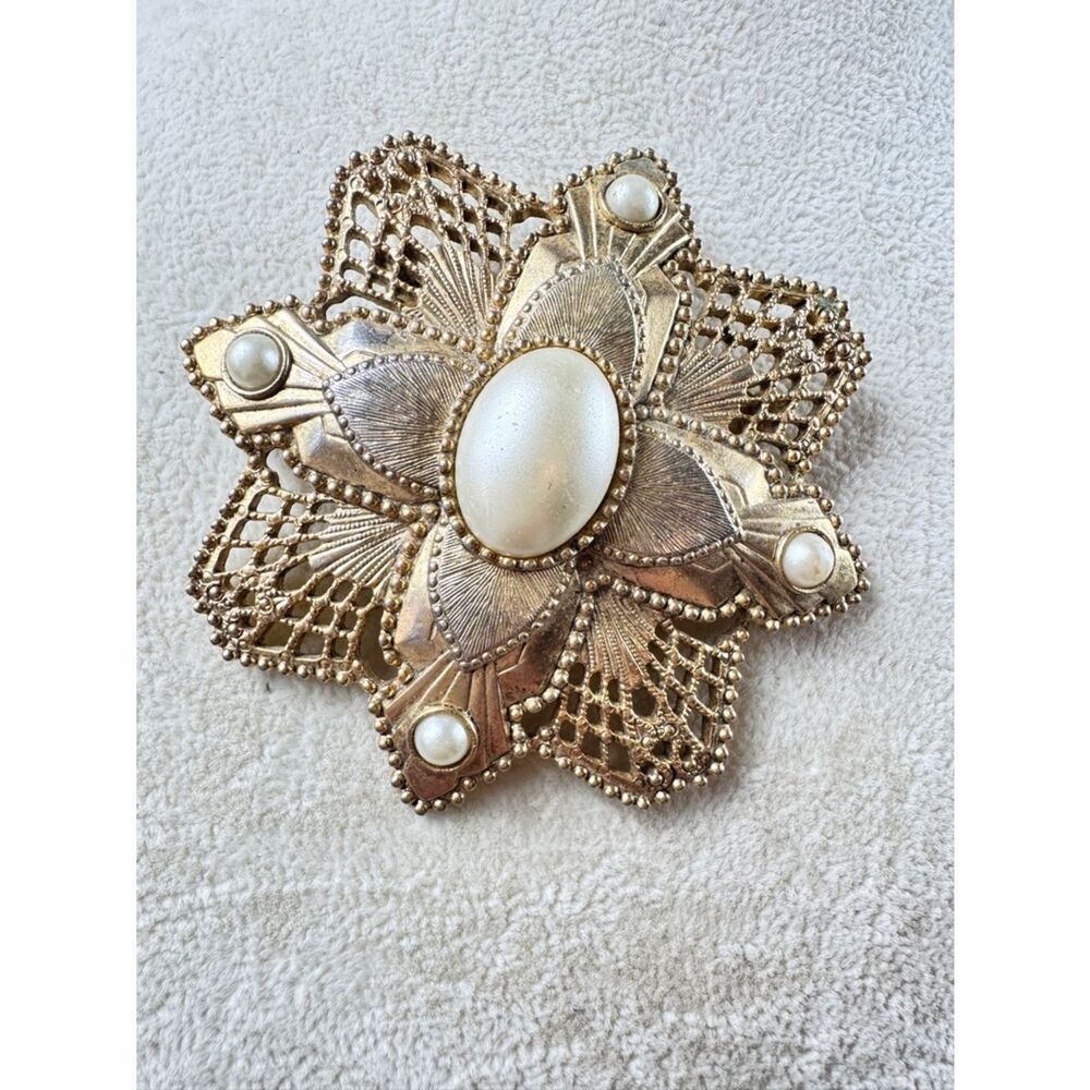 Gold-Tone Floral Filigree Brooch with Pearl Cabochons